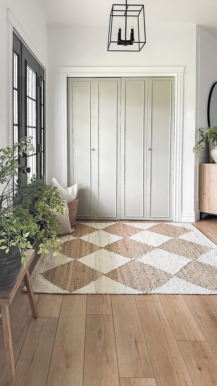 White built-in closet with folding paneled doors in a bright room with wood floors.