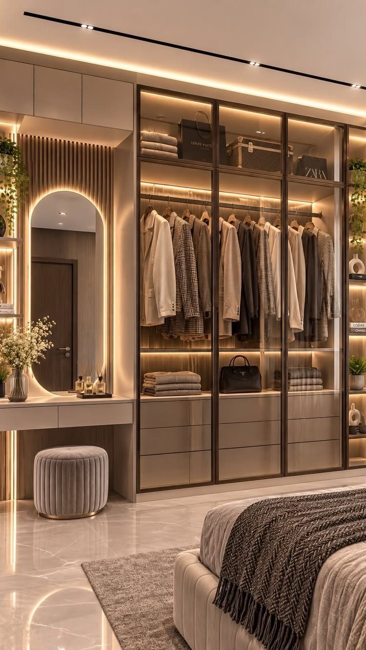 Modern bedroom with a large built-in glass wardrobe and a lit vanity mirror.