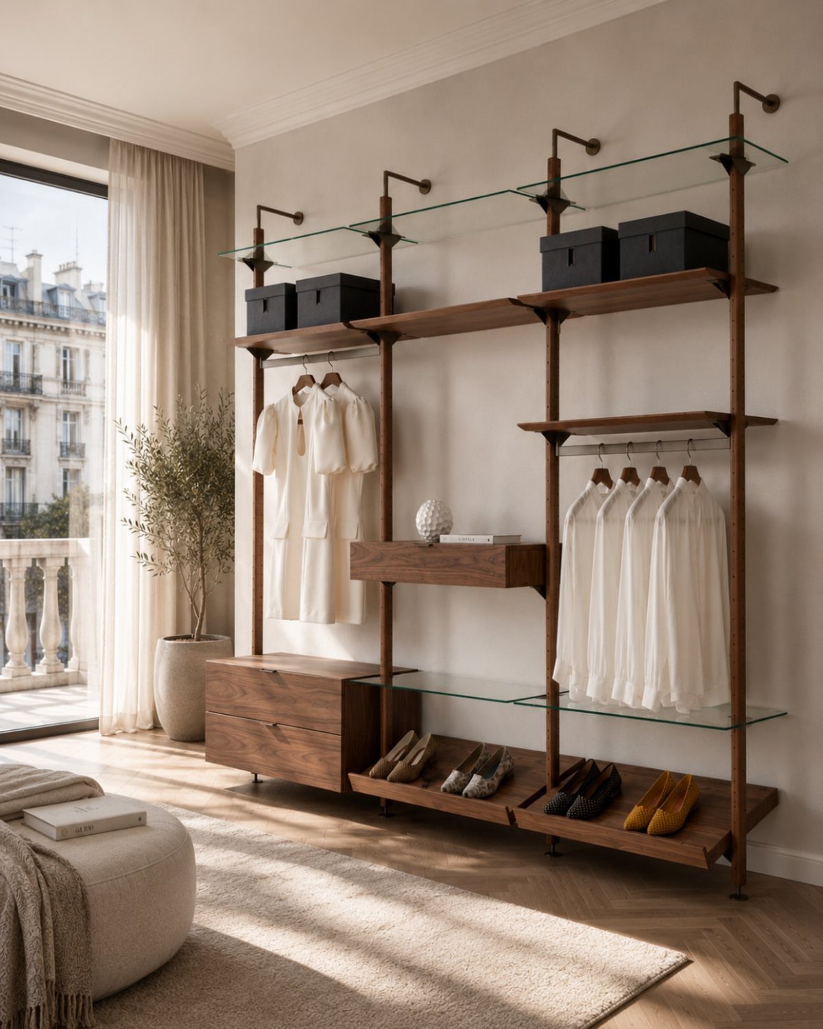 Modern open wood and glass closet system with white shirts and black boxes.
