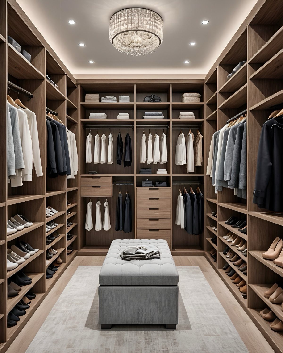 Luxurious walk-in closet with dark wood shelving, hanging clothes, and a grey ottoman.