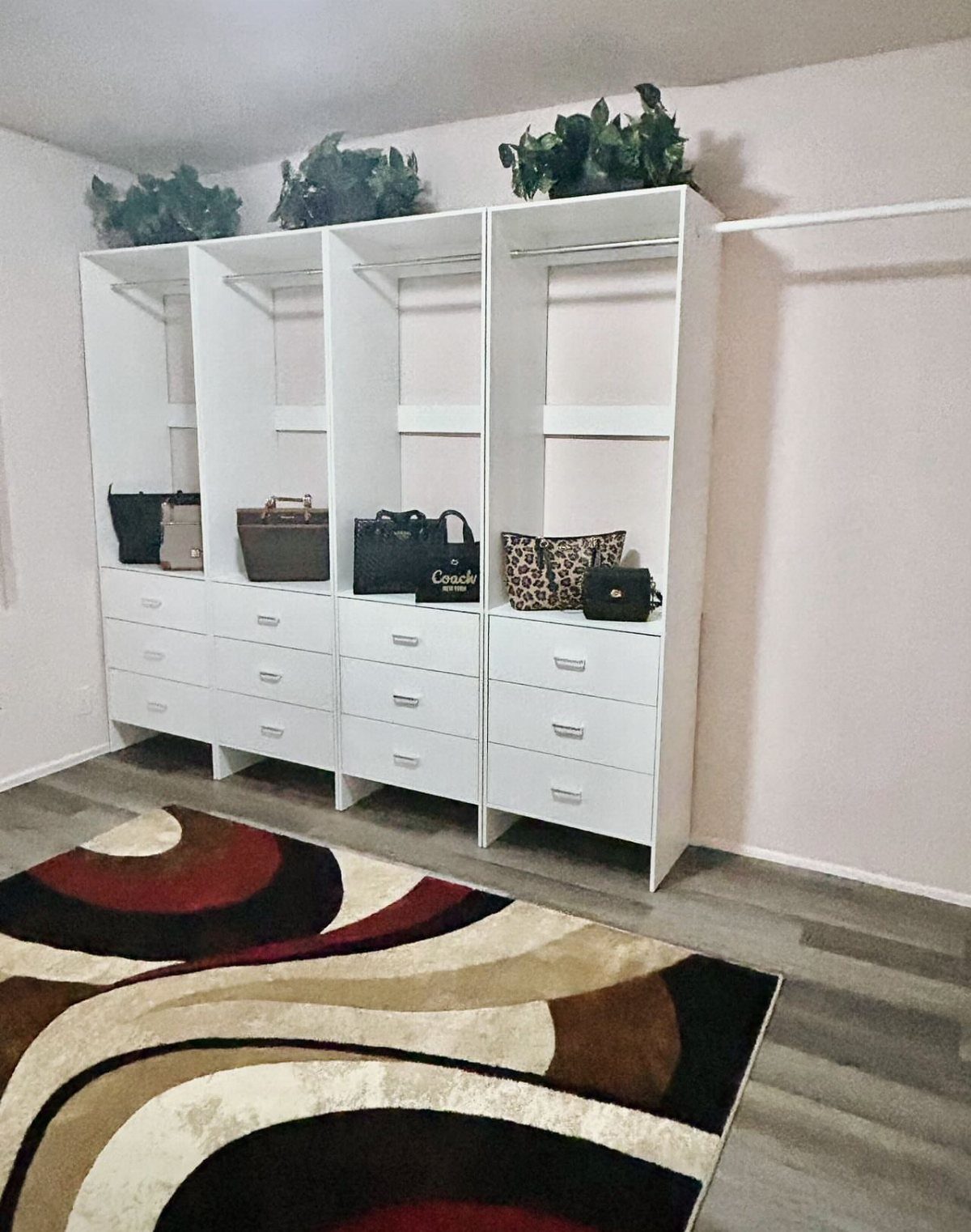 White modular walk-in closet system with drawers, handbags, and a patterned area rug.