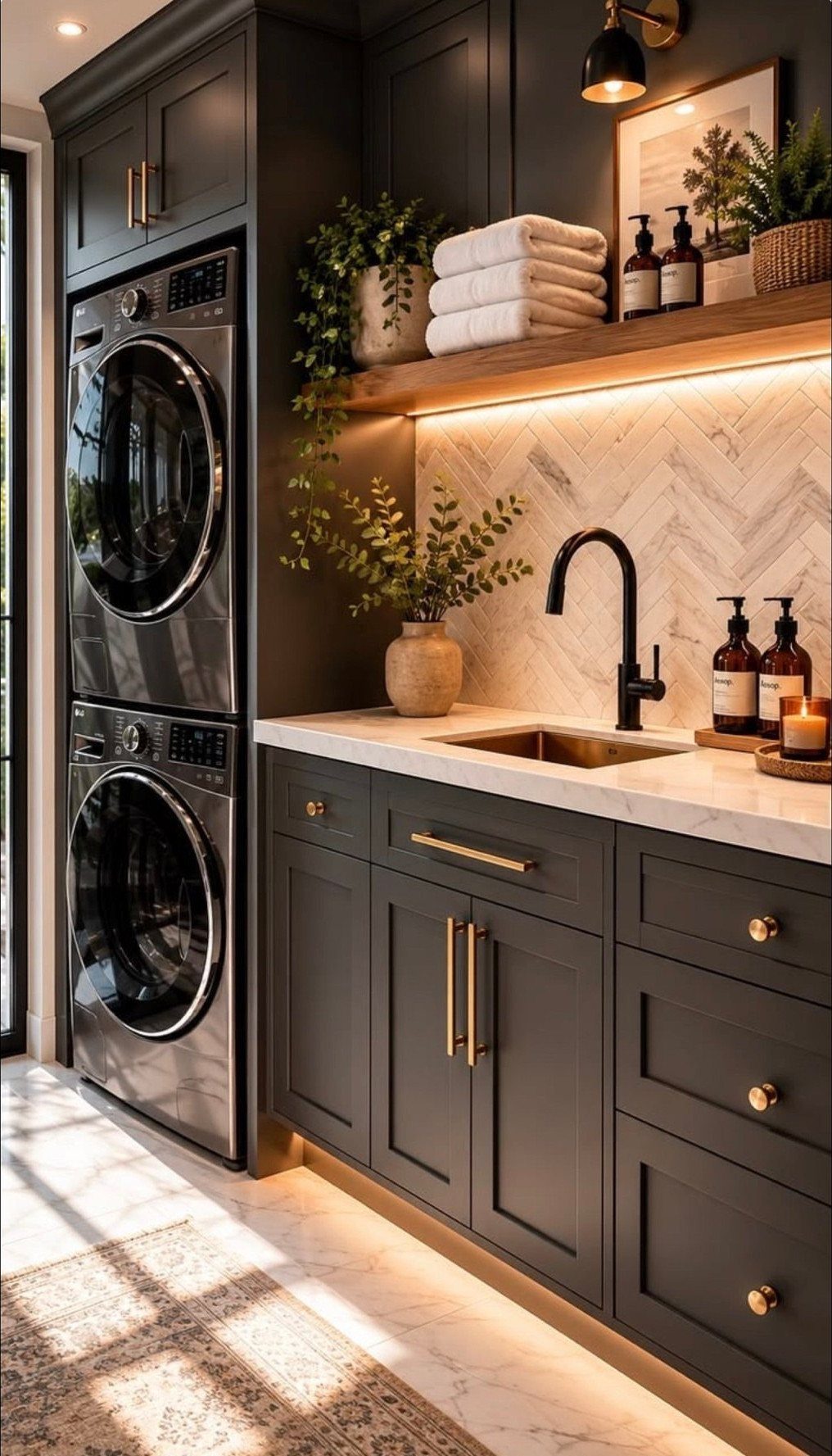 Marble herringbone backsplash in a laundry room with dark grey cabinets and stacked washer dryer