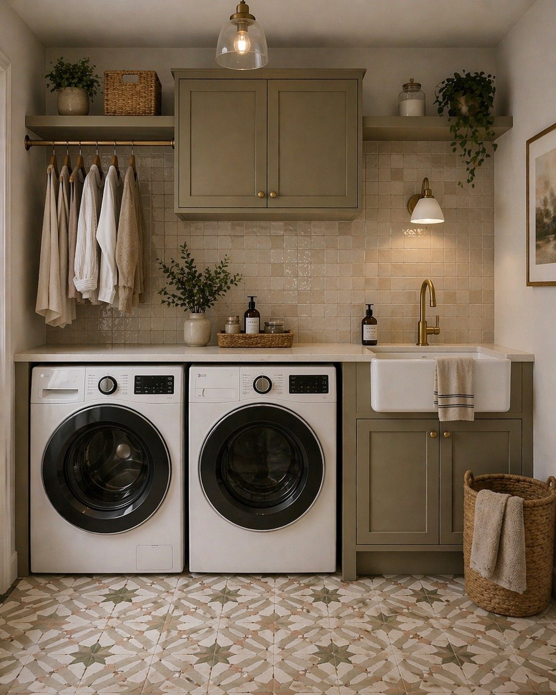 Beige tiled backsplash in a laundry room with olive green cabinets and white washers.