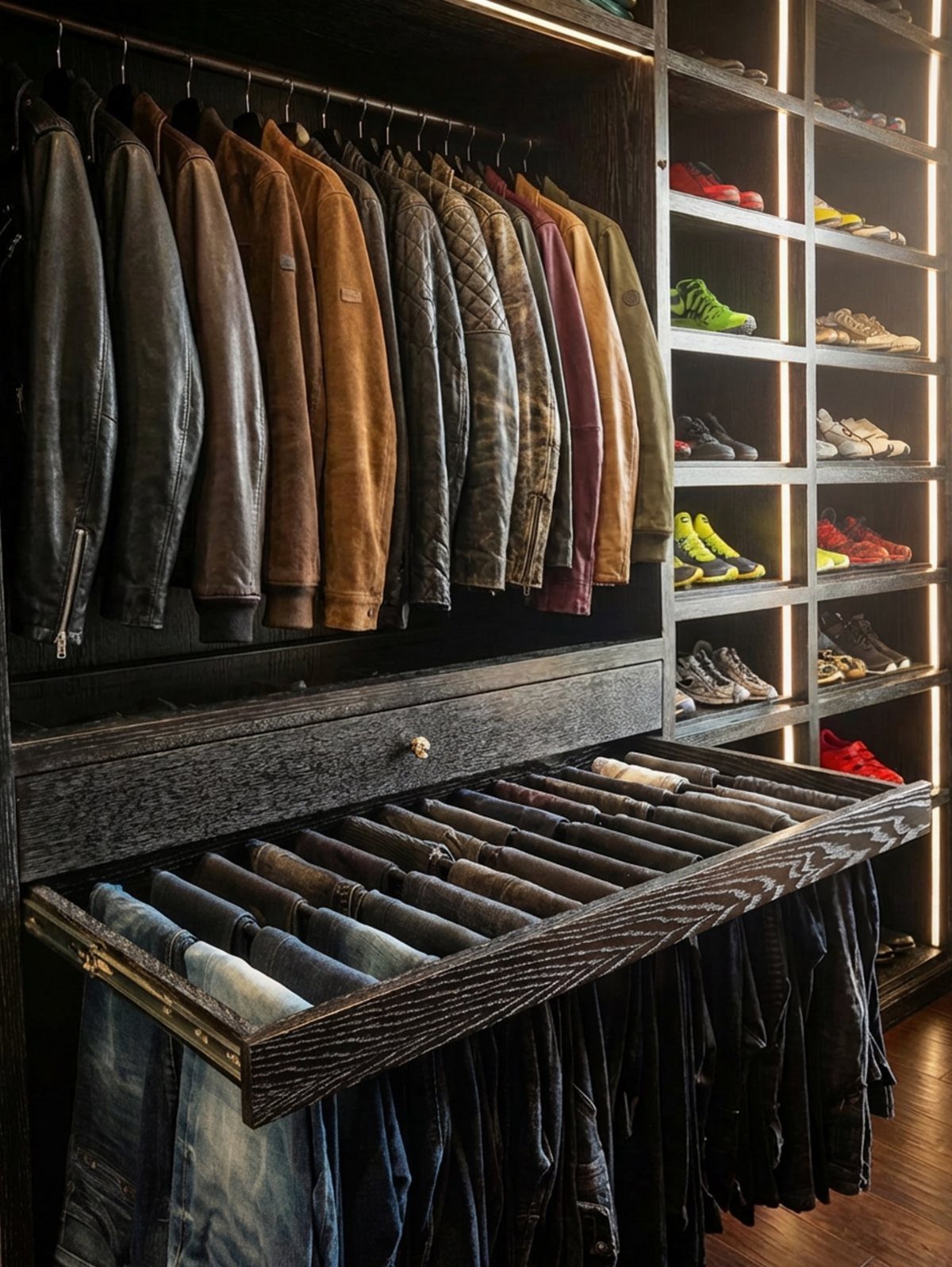 Luxury black walk-in closet with leather jackets, folded trousers, and backlit shoe shelves.