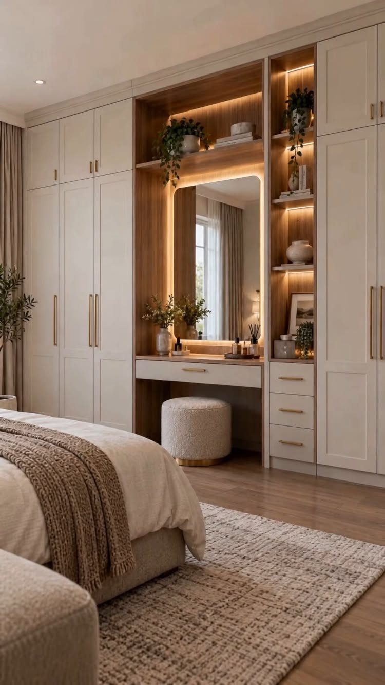 Built-in cream wardrobe with integrated vanity, shelving, and drawers in a modern bedroom.
