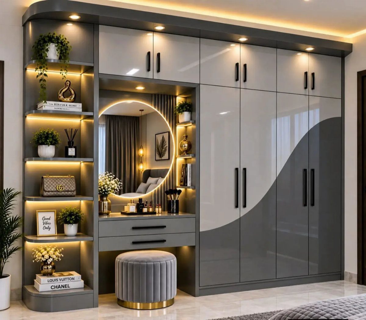 Modern grey and white built-in wardrobe with a backlit vanity mirror and shelving.