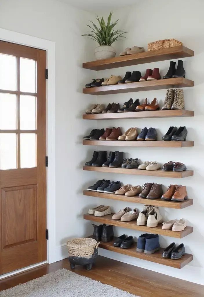 Wooden floating shelves on a white wall holding a variety of organized shoes.