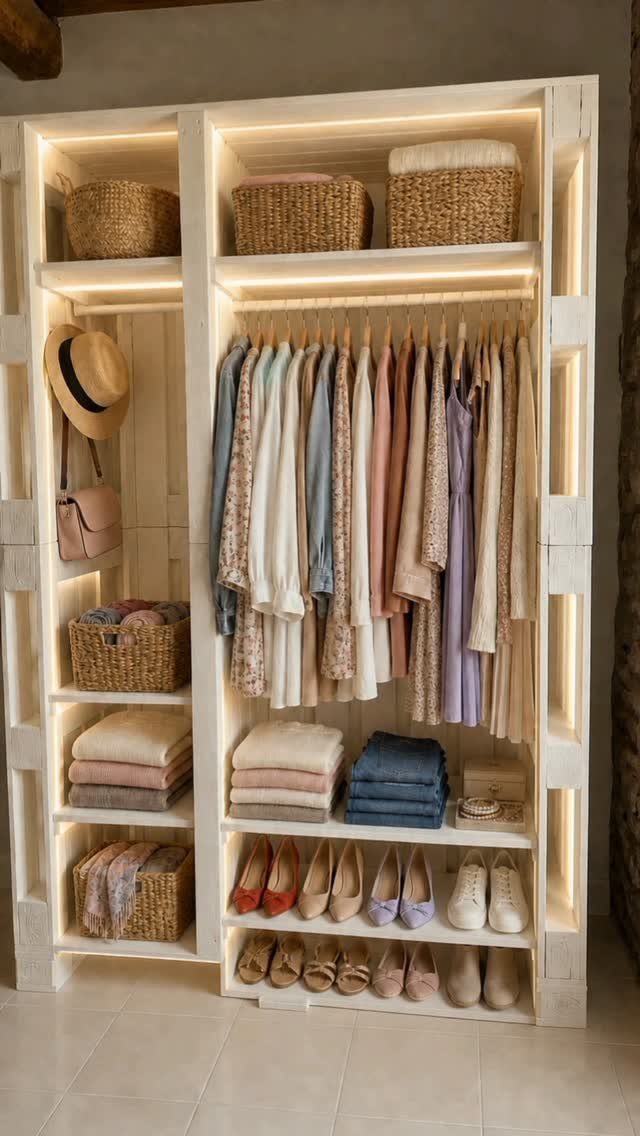White freestanding closet system with hanging rod, shelves, and integrated LED lighting.