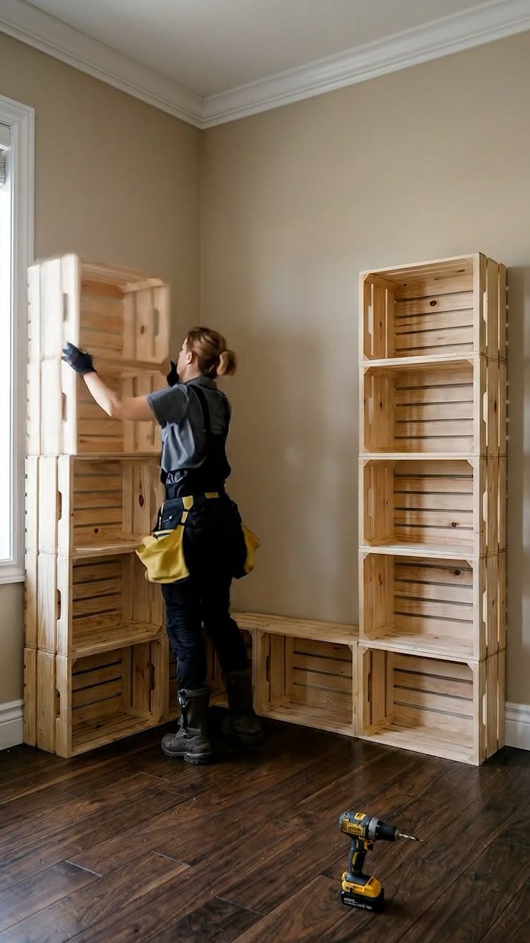 Woman assembling a custom closet system using stacked light wood crates in a room.