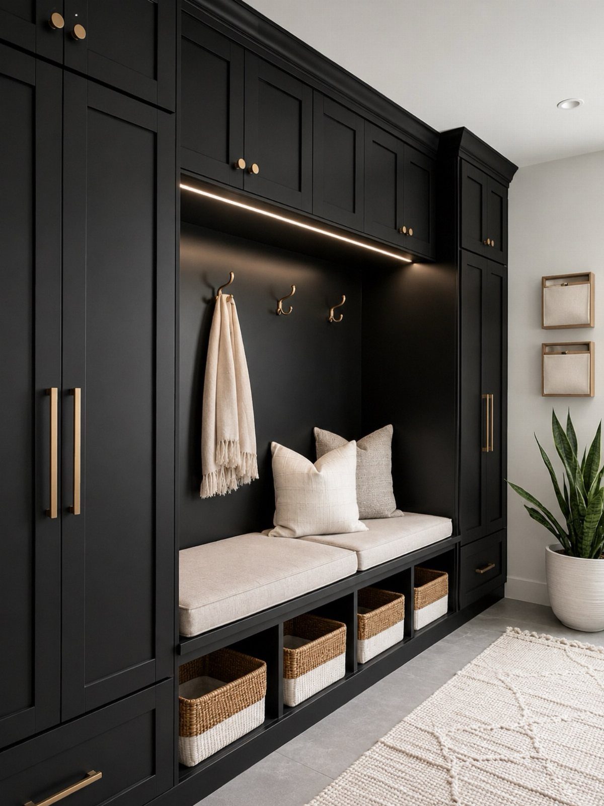 Black built-in mudroom cabinet with a cushioned bench, storage cubbies, and upper cabinets.
