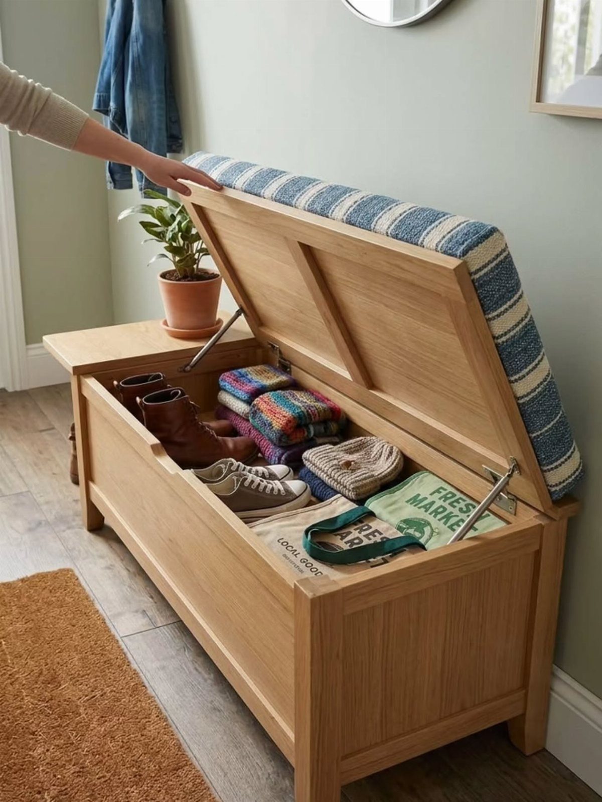 Wooden storage bench with open lid containing shoes and blankets in a mudroom.