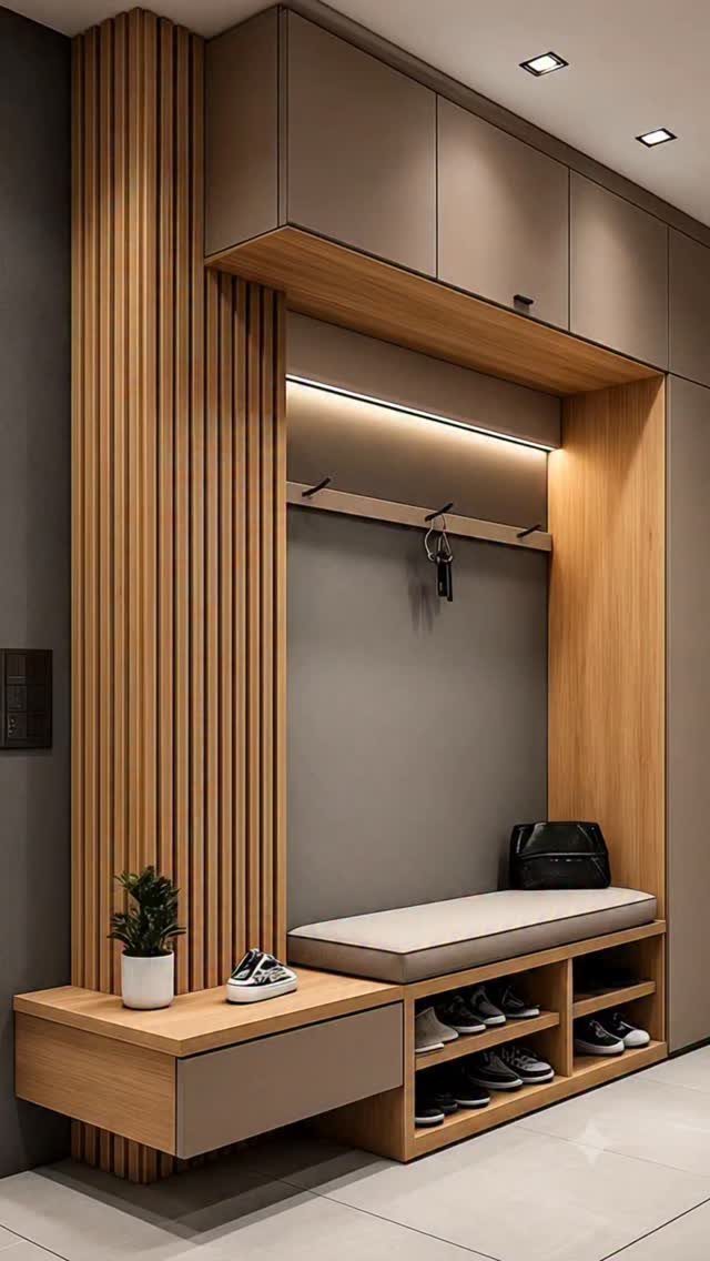 Modern built-in mudroom bench with shoe cubbies, overhead cabinets, and wood slat wall.