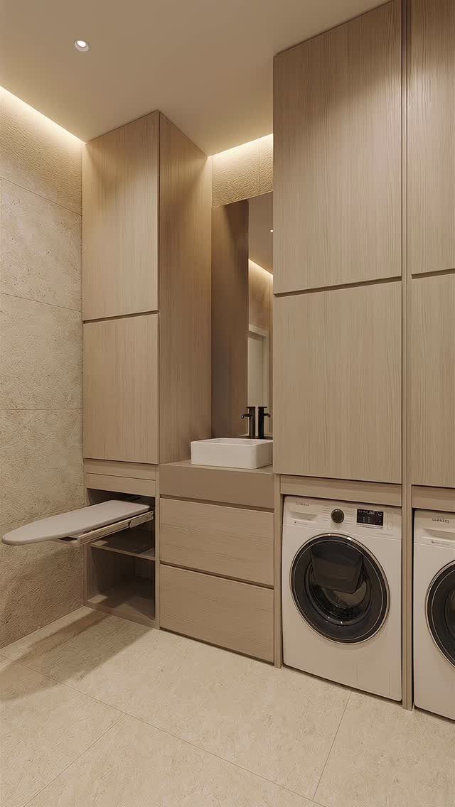 Light wood built-in cabinets surrounding white washing machines and a small white sink.