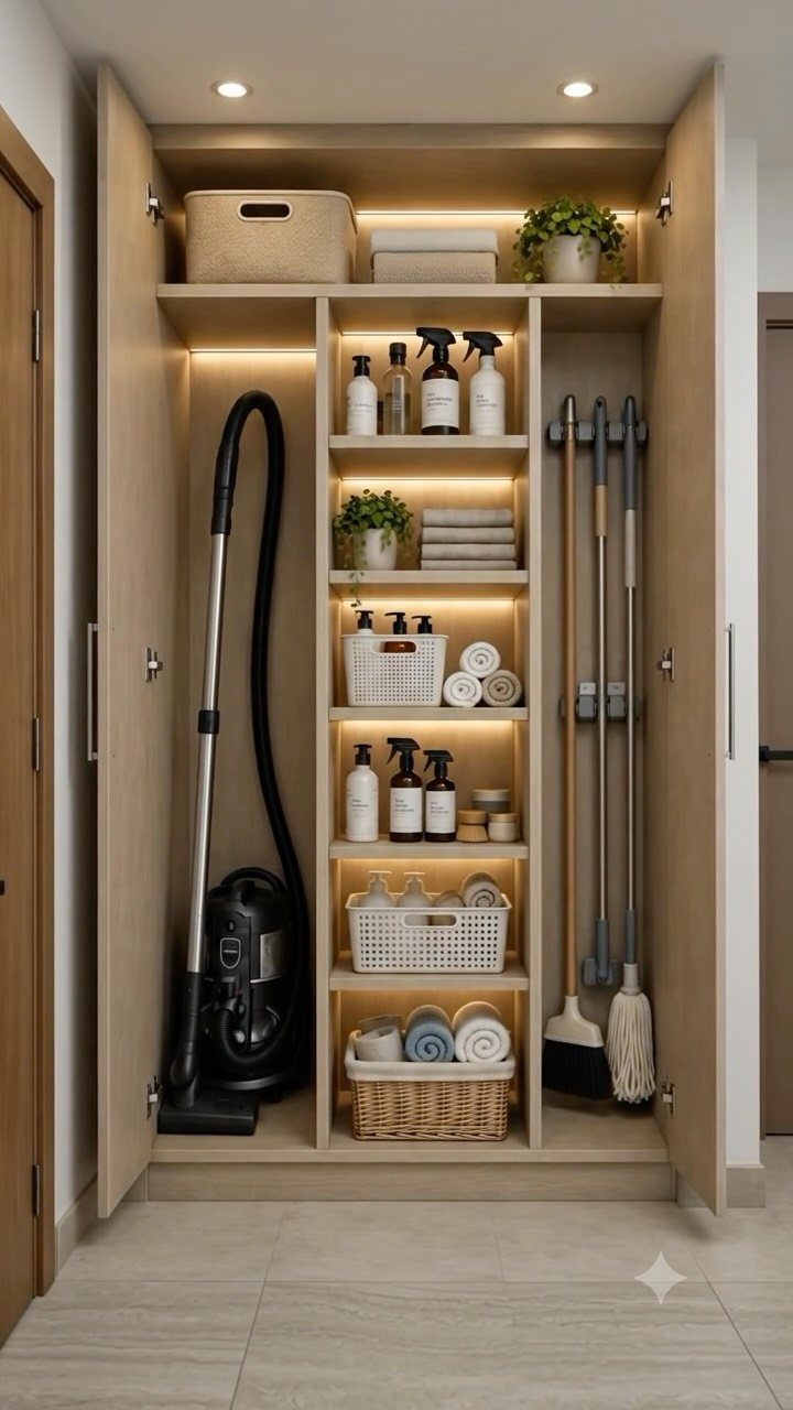 Light wood utility closet with integrated lighting, shelving, and cleaning equipment storage.
