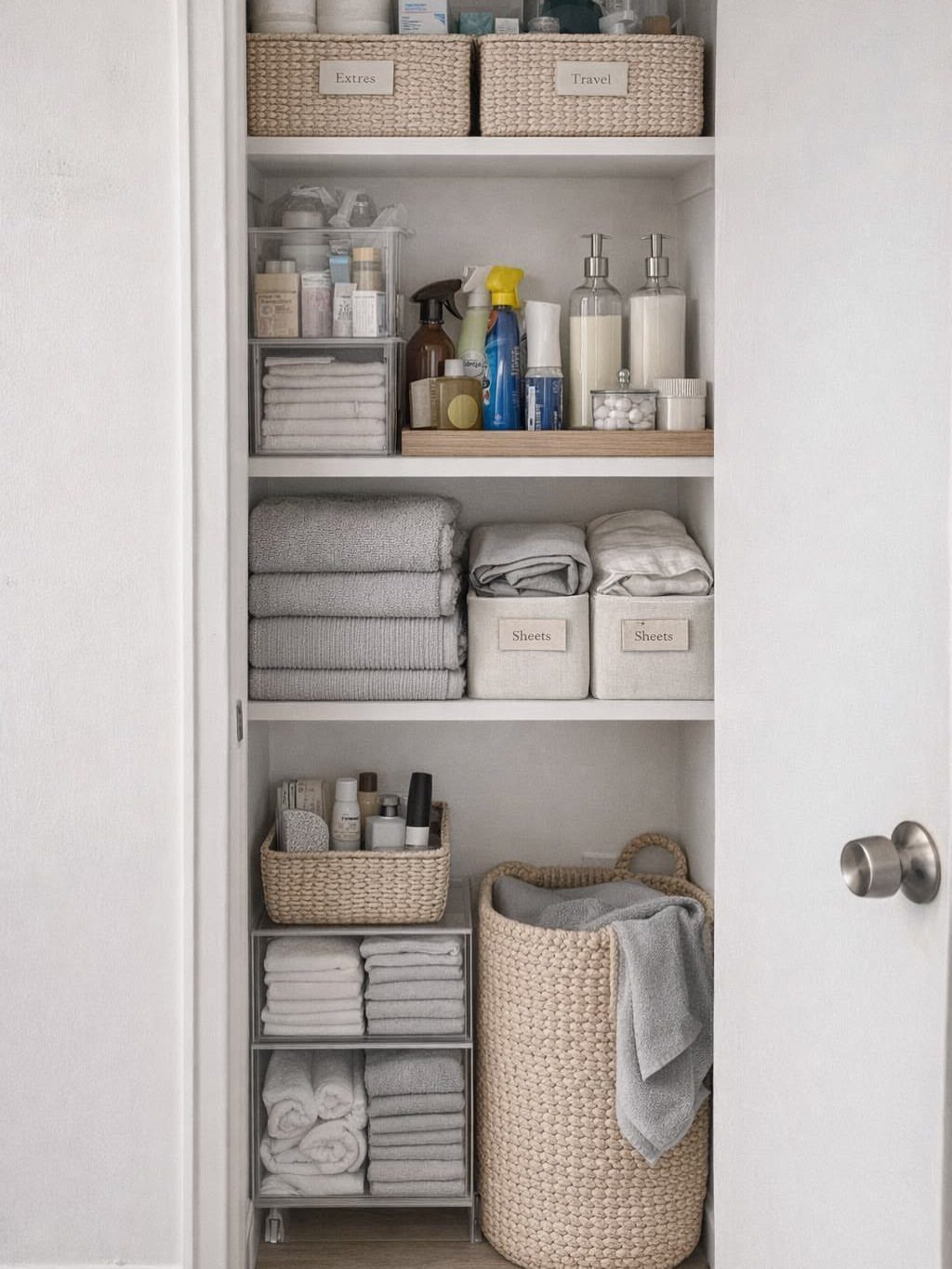 White bathroom closet shelves organized with woven storage baskets and folded grey towels.