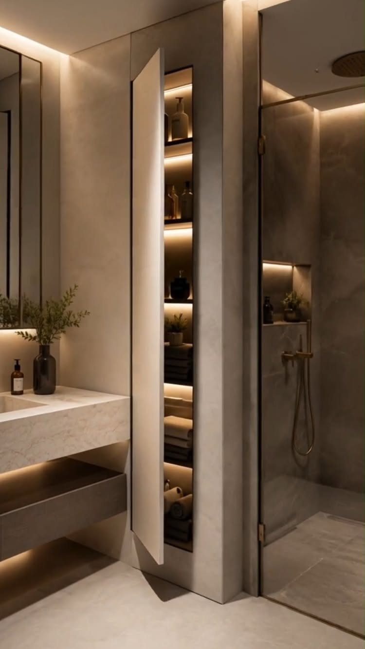 Recessed wall closet with illuminated shelving for towels and toiletries in a modern bathroom.