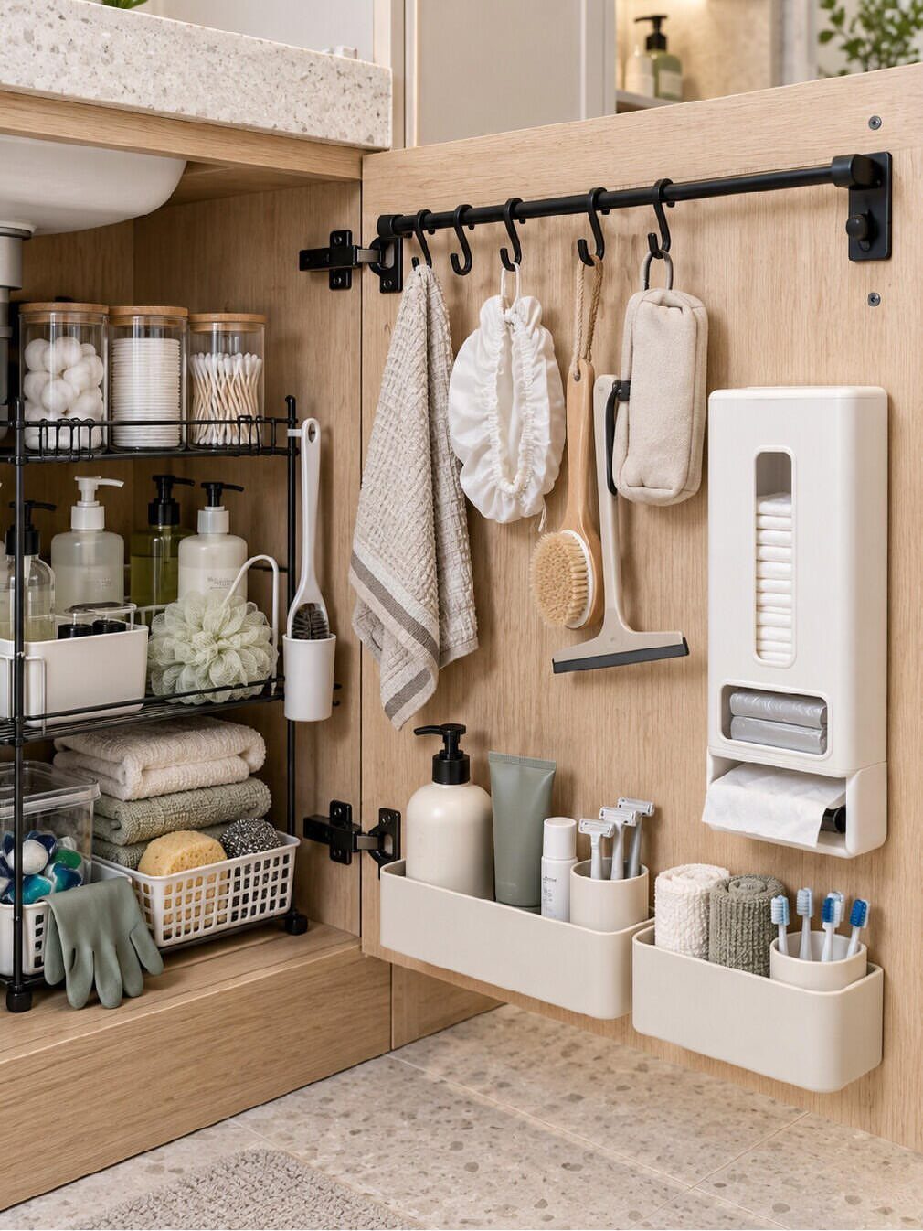 Bathroom storage under sink with wire racks and door-mounted organizers and hooks.