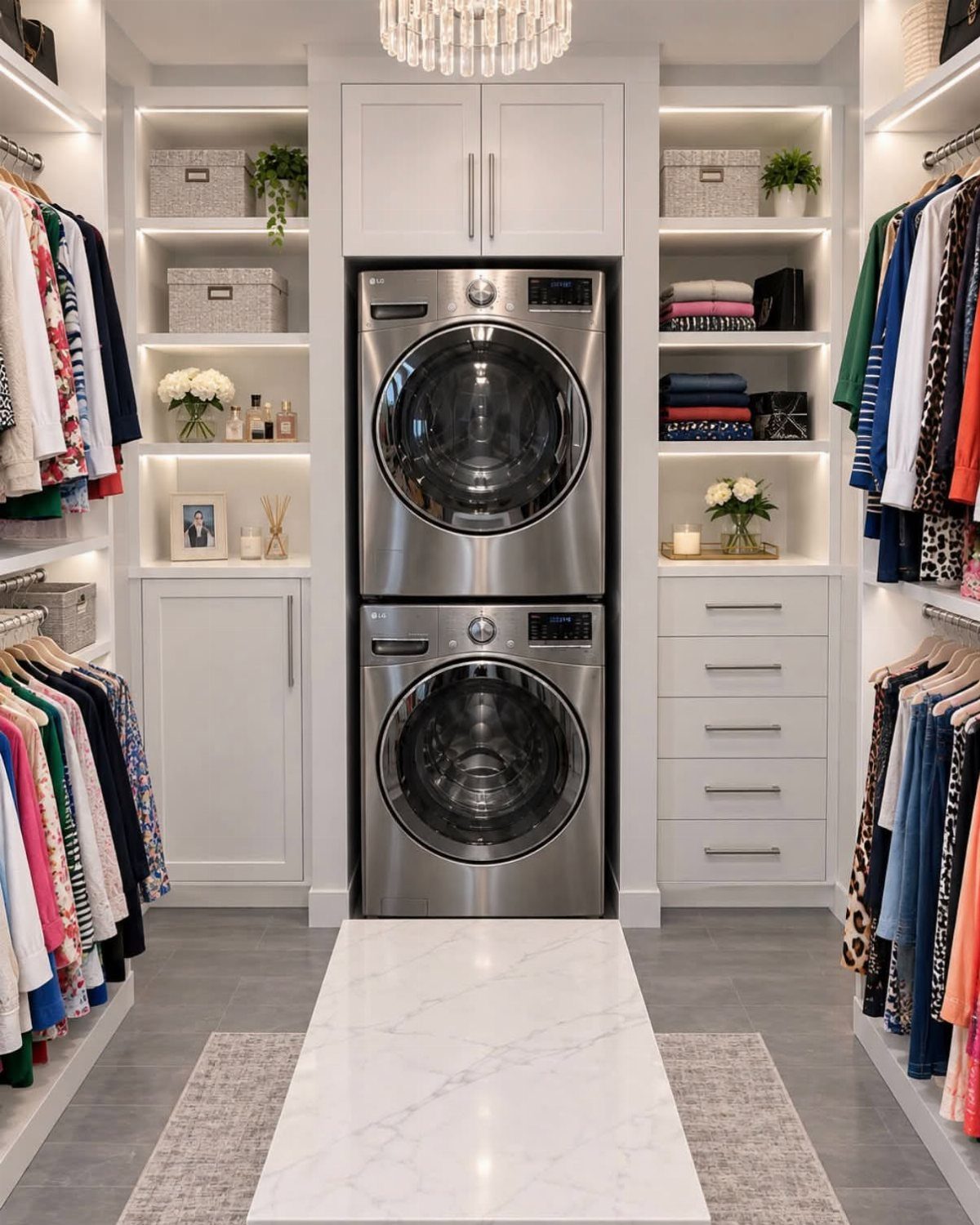 Stacked stainless steel washer and dryer integrated into a white master closet system.