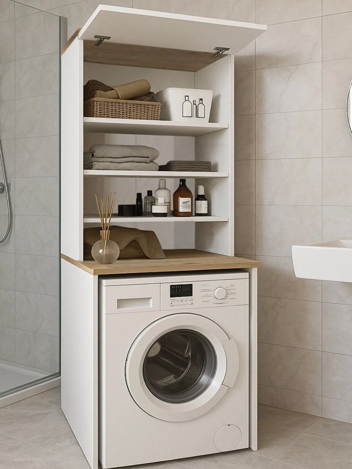 White laundry cabinet with shelving and a washing machine in a tiled bathroom