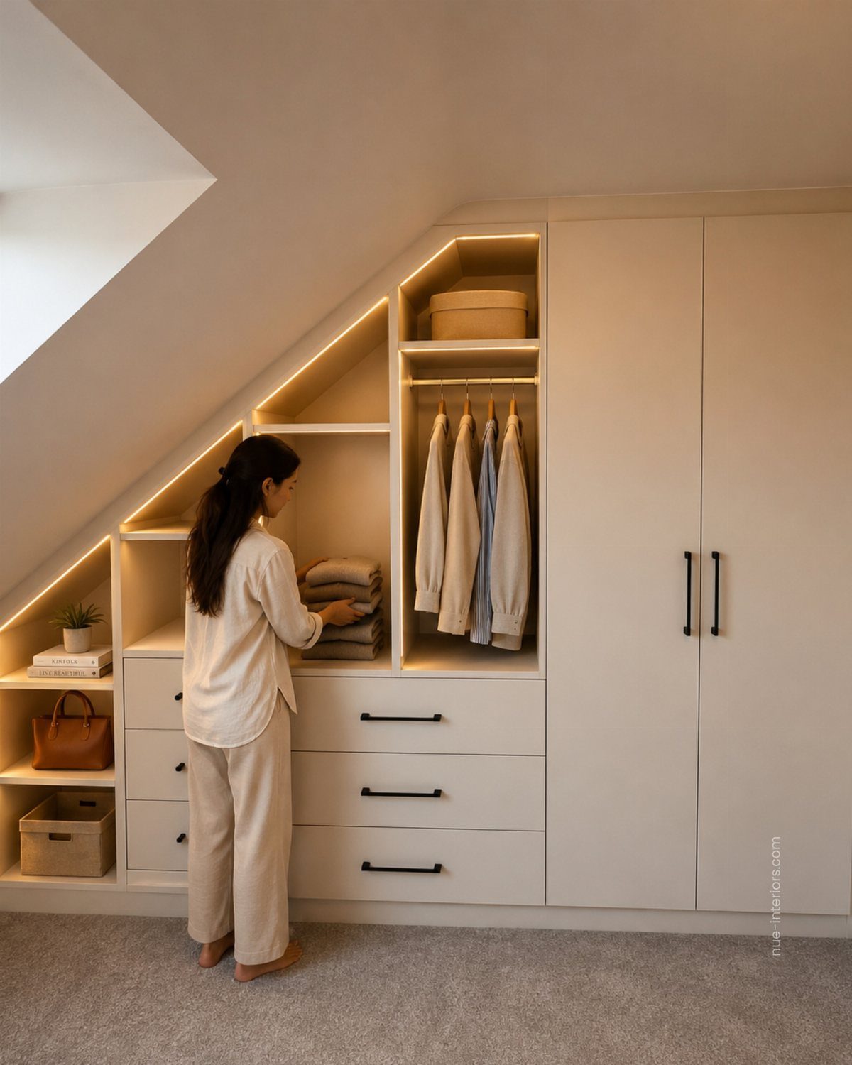 Built-in white closet system under a slanted ceiling with integrated lighting and drawers.