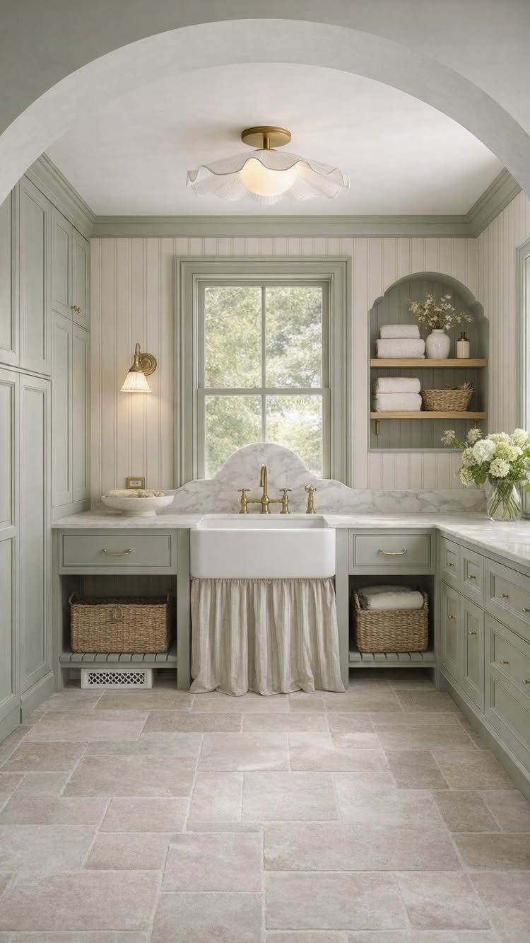 Sage green laundry room with matching cabinets, paneled walls, and a farmhouse sink.