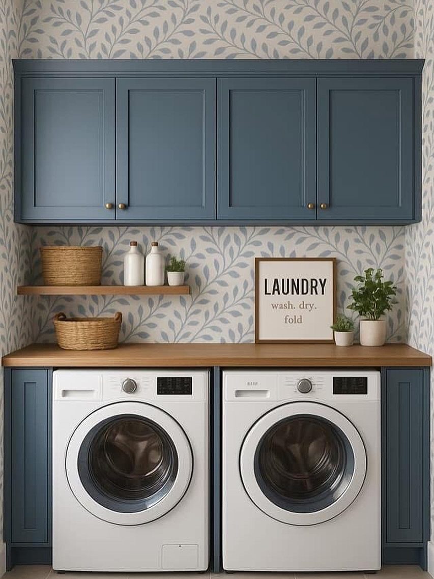 Deep blue cabinetry surrounding white washing machines against leaf-patterned wallpaper in a laundry room.