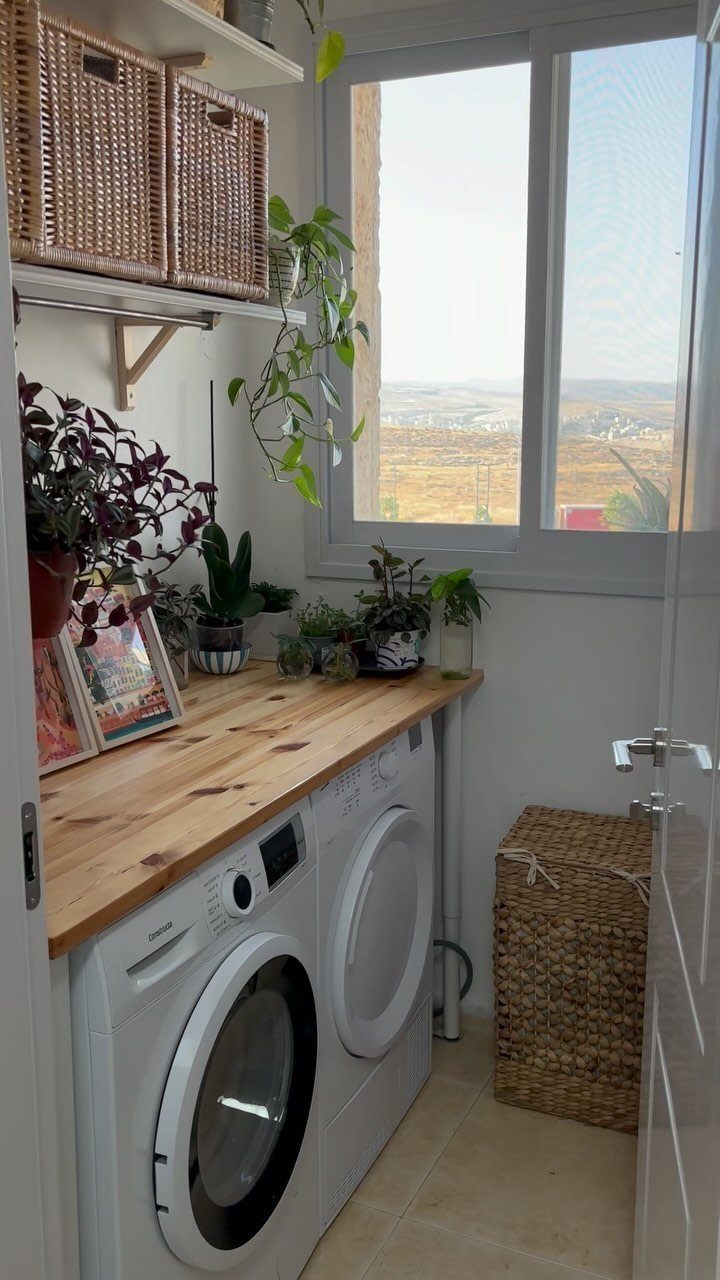 Potted green plants on a wooden countertop above white laundry machines in a room.
