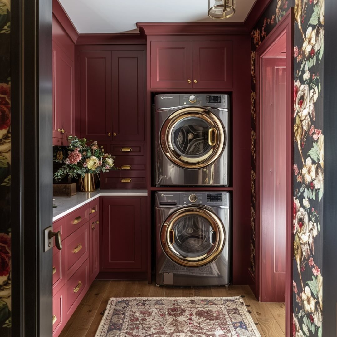 Deep red laundry room with stacked silver machines and floral wallpaper accents.