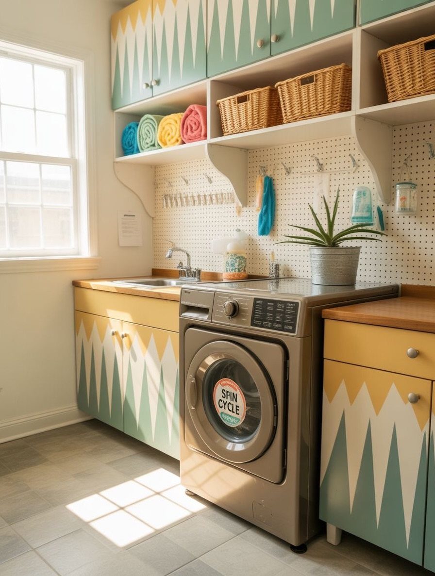 Laundry room with geometric patterned cabinets, a washing machine, and a white pegboard.