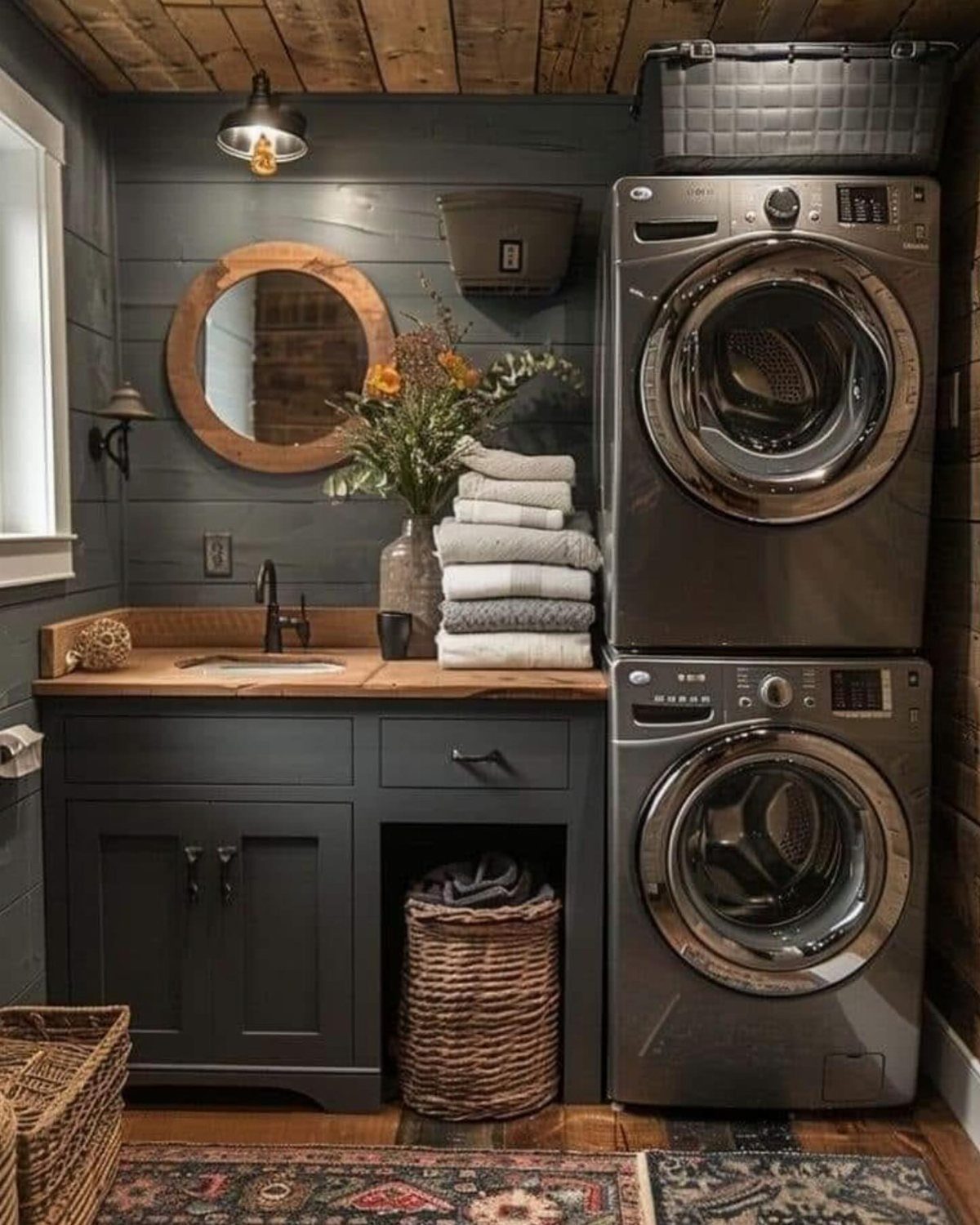 Stacked grey washer and dryer next to a dark grey bathroom vanity