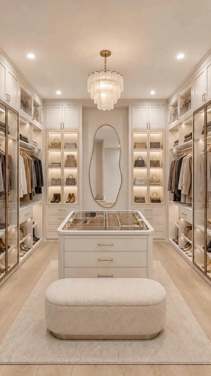 White central island with glass top in a luxury contemporary walk-in closet.
