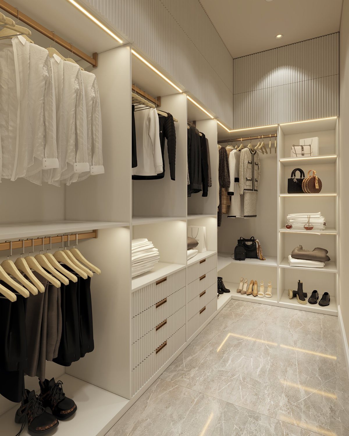 Modern white walk-in closet with organized sections for clothing, shoes, and accessories.