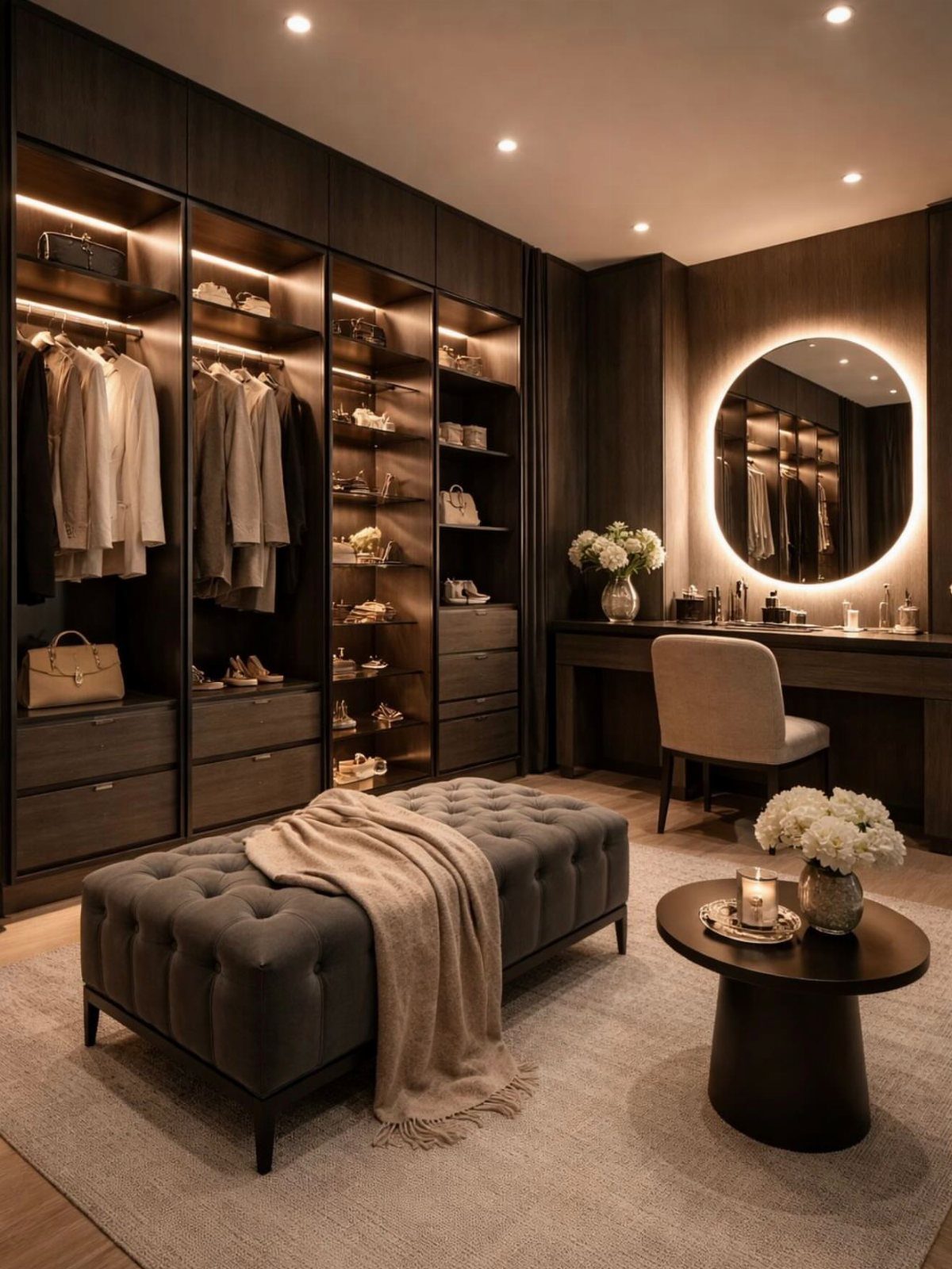 Luxury walk-in closet with dark wood cabinets, a vanity, and a grey tufted ottoman.
