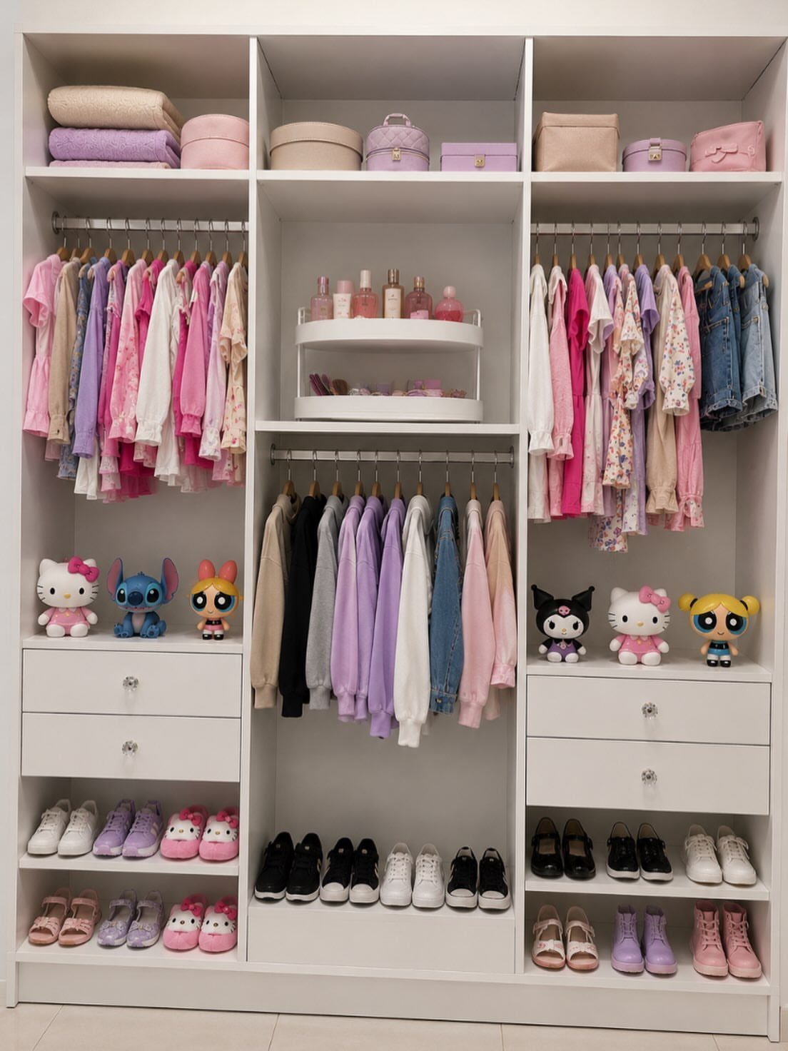 White organized closet with pink clothing, shoes, and accessories grouped by category.