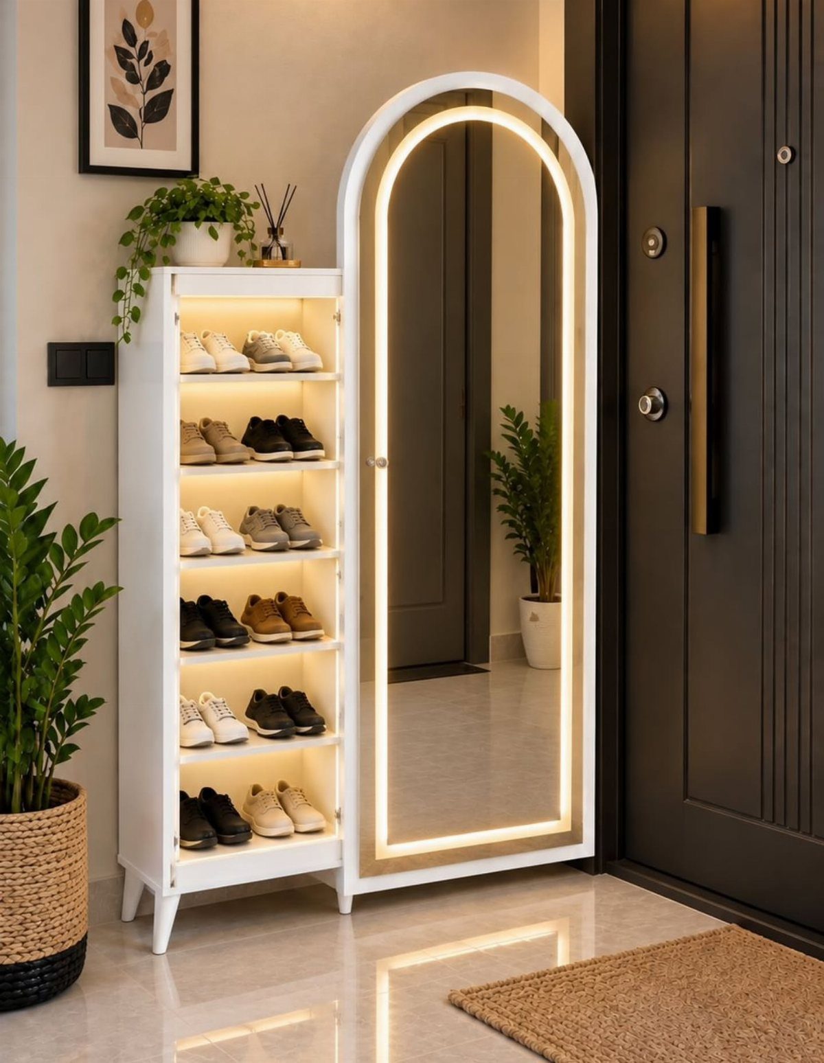 White shoe rack with open shelves and an arched LED lighted full-length mirror.