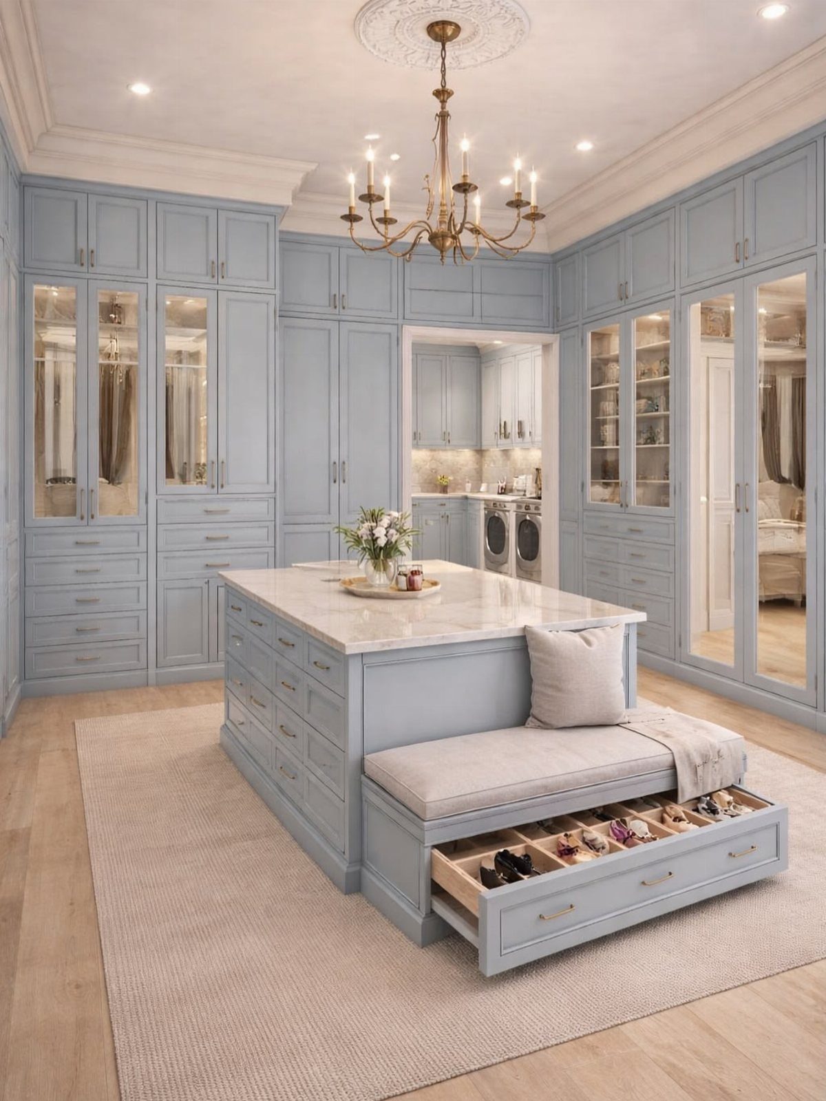 Central island with marble top and built-in bench in a blue walk-in closet