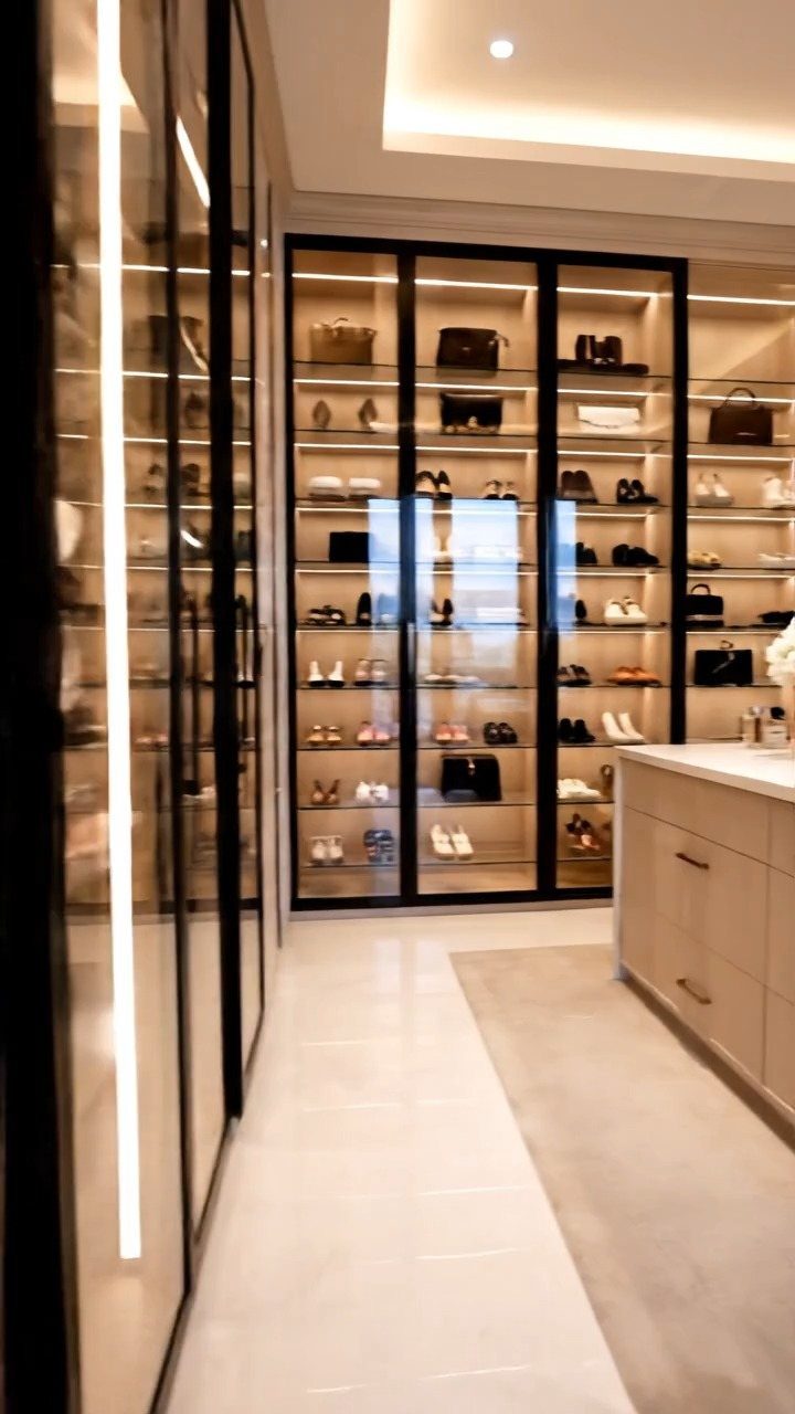 Glass-fronted closet cabinets with LED lighting displaying organized shoes and designer handbags.