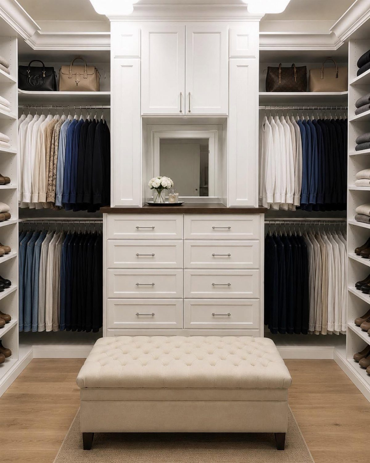 White walk-in closet with symmetrical clothing rods, central drawers, and a beige ottoman.