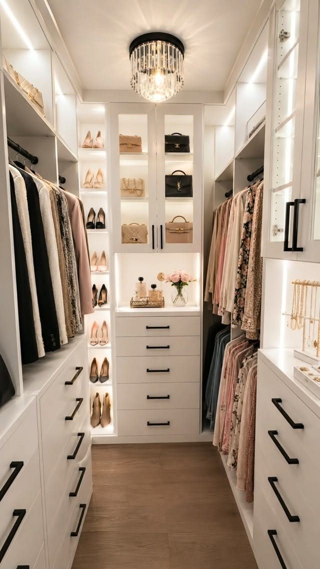 White wrap-around walk-in closet with integrated lighting, hanging clothes, and shoe shelving.