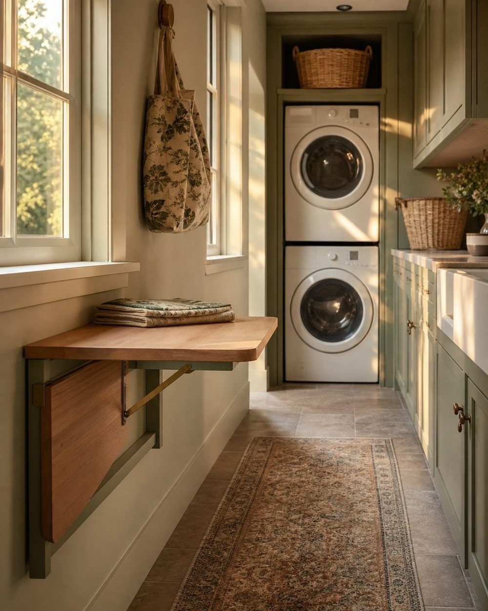 Wooden wall-mounted folding table in a laundry room with stacked washer and dryer.