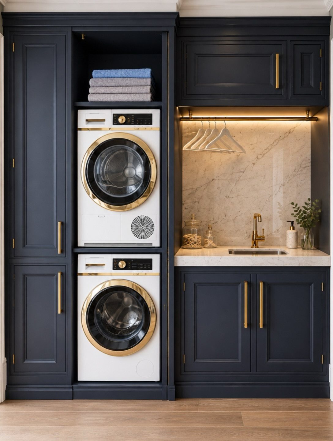 Stacked white laundry machines in navy blue cabinetry with gold accents and marble countertop.