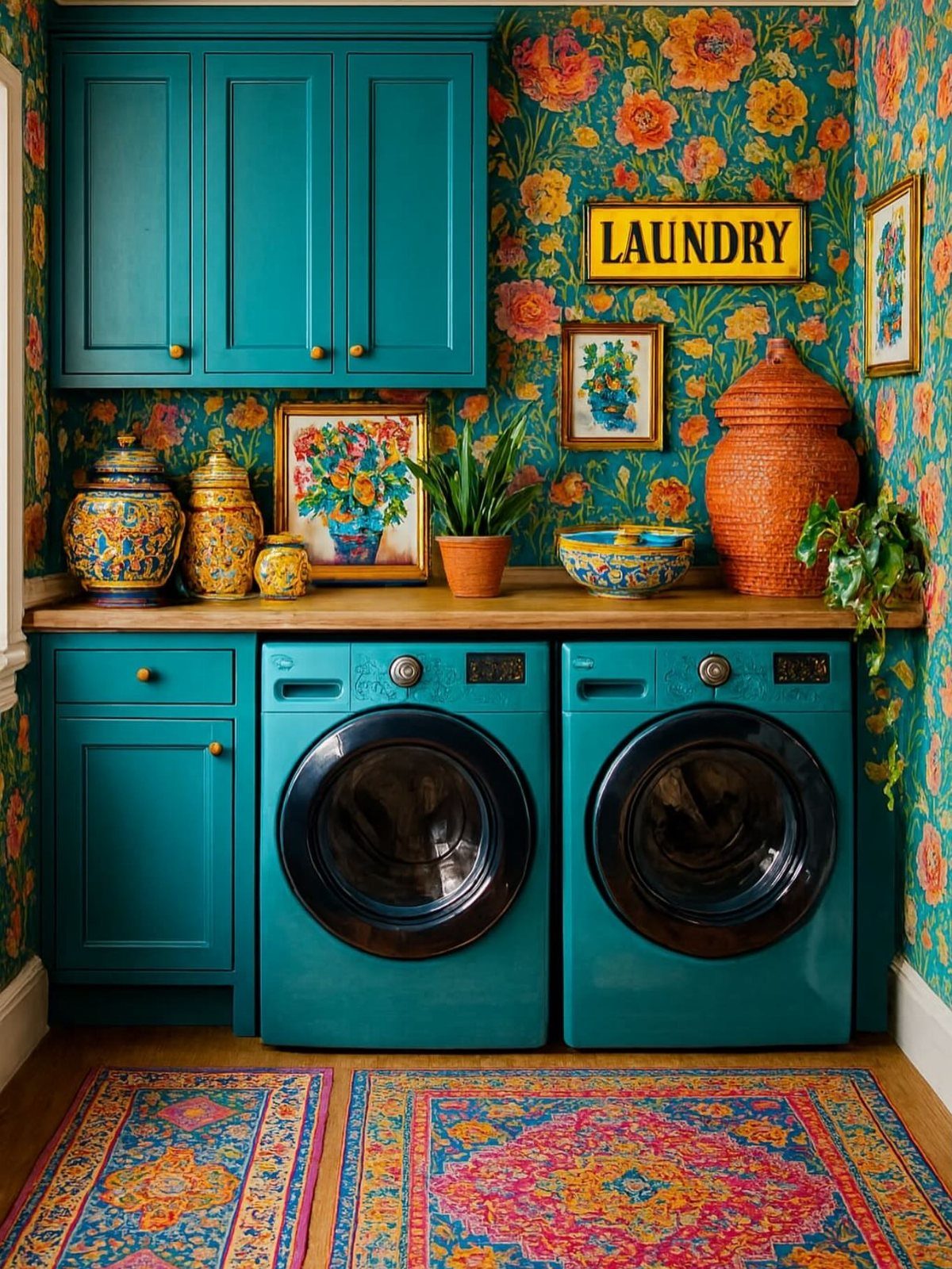 Teal laundry cabinets and appliances against floral wallpaper with a colorful patterned rug.
