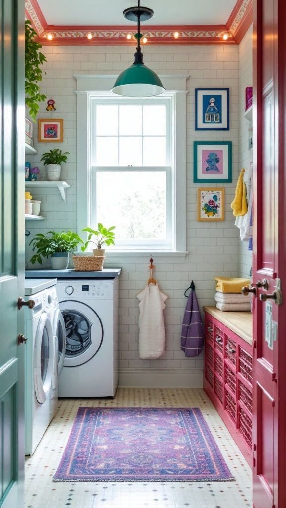 Purple patterned rug on a tiled floor in a colorful laundry room.