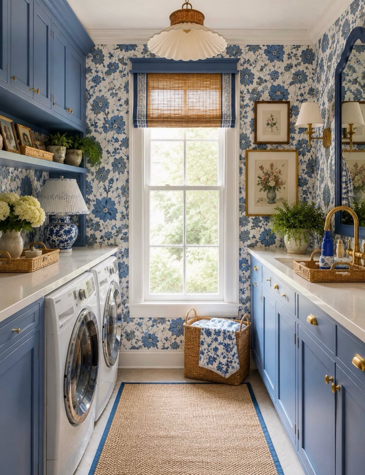 Blue laundry room with floral wallpaper, white countertops, and a tan jute rug.