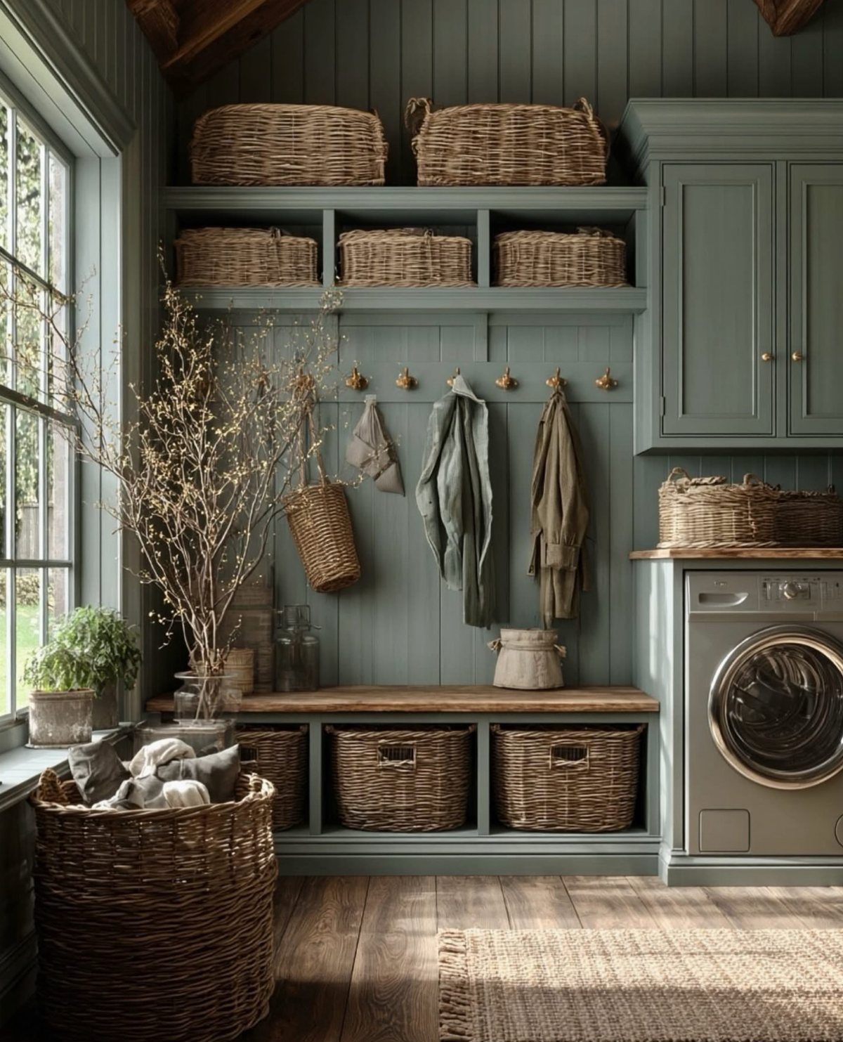 Laundry room with sage green walls, wicker baskets, and a mudroom style bench.