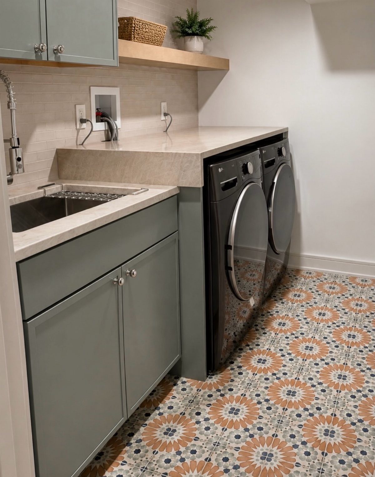 Patterned orange and blue floor tiles in a laundry room with grey cabinets.
