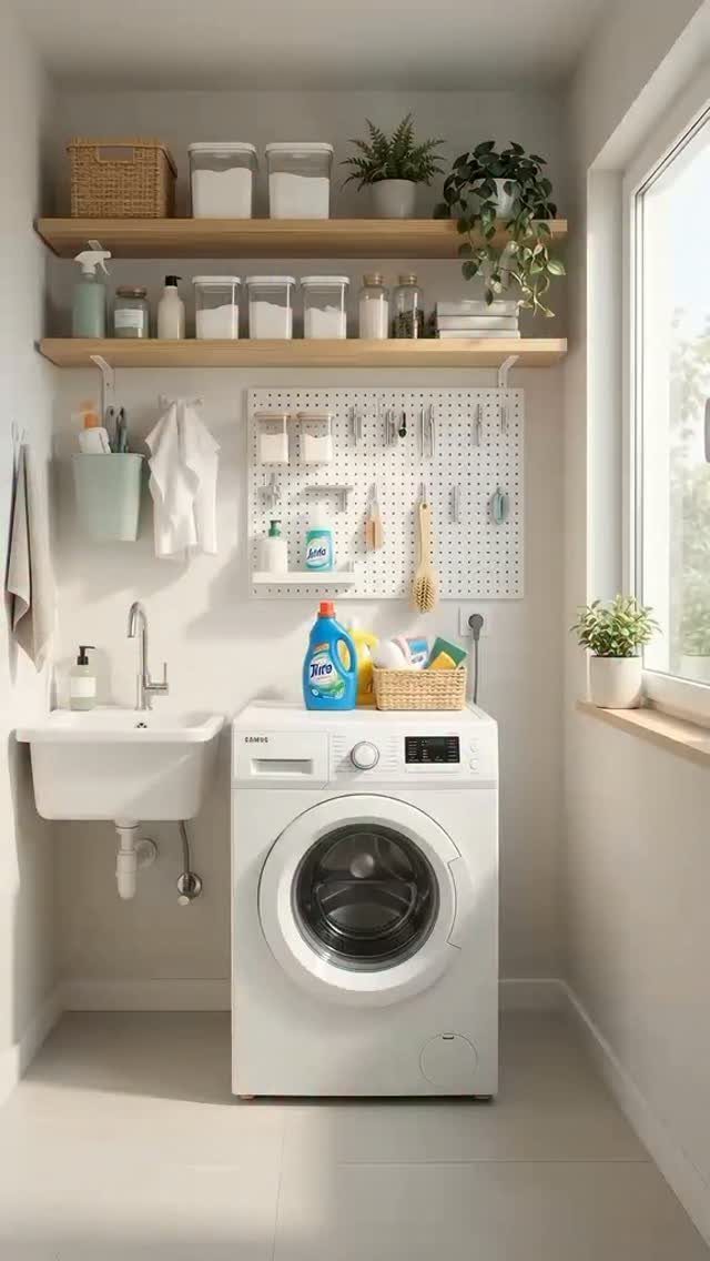 White pegboard storage system above a washing machine in a bright laundry room.