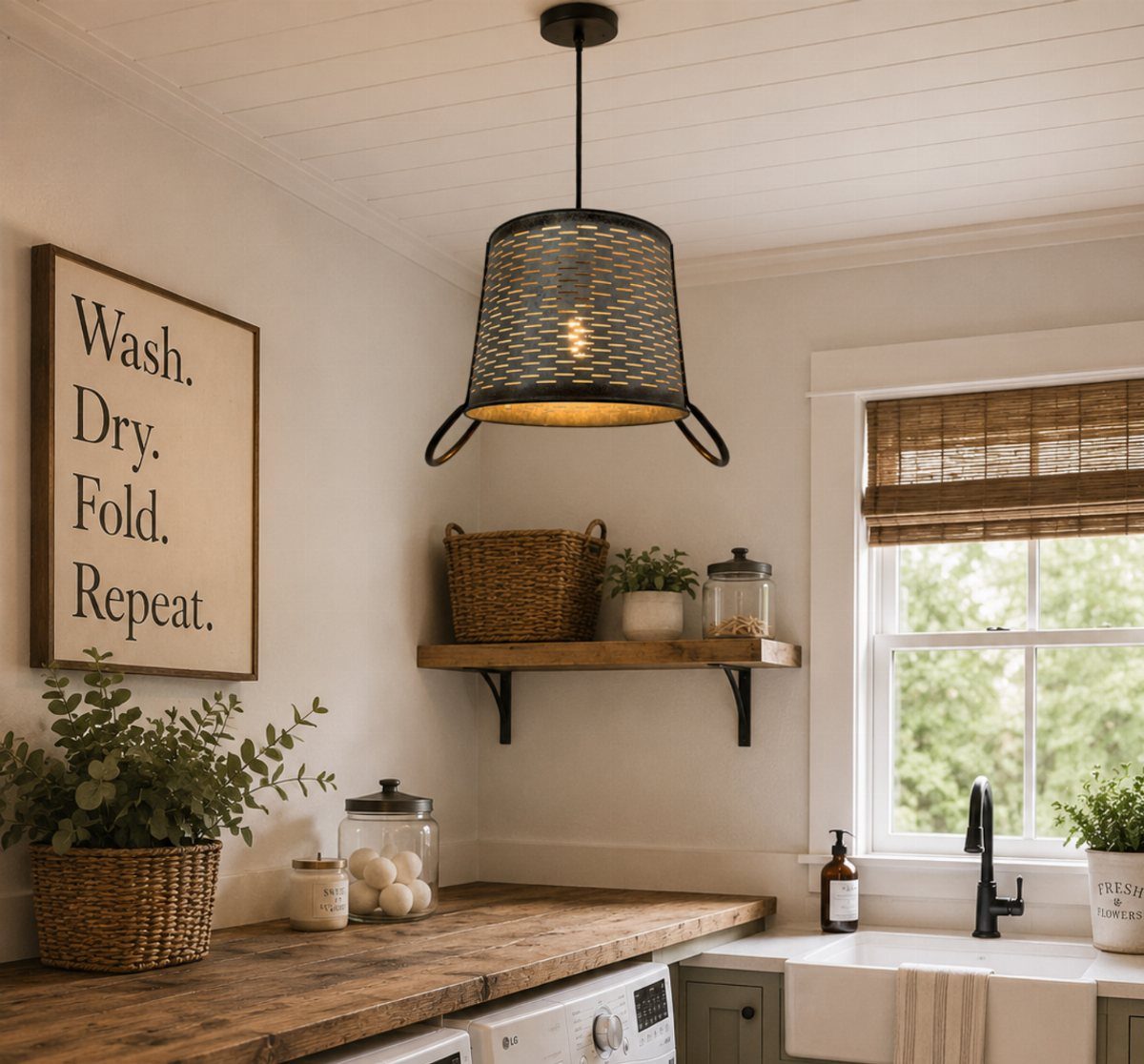 Black mesh pendant light hanging in a rustic laundry room with wooden accents.