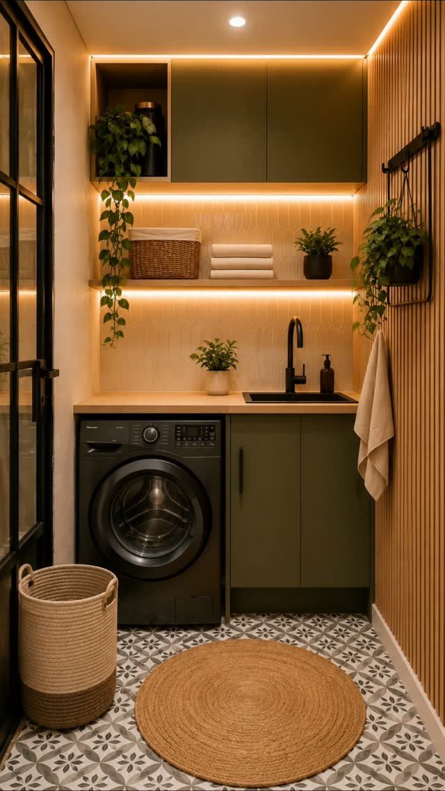 Small laundry room with olive green cabinets and warm under-cabinet LED strip lighting.
