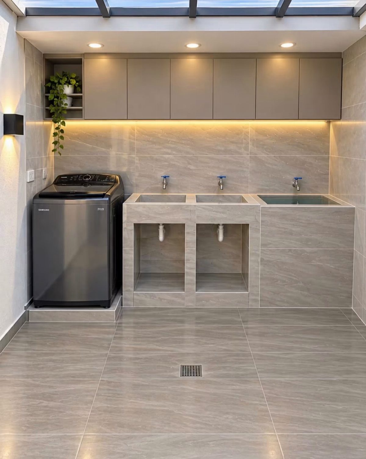 Top loading washing machine and double sink in a modern grey laundry room
